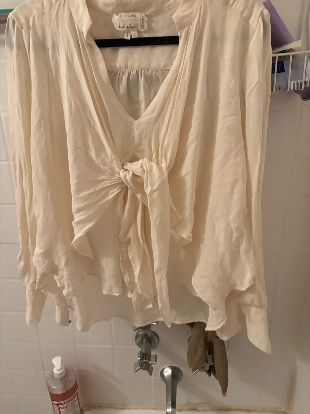 Nicole Miller Artelier Cream Tie-Front 100% silk Women's Blouse L
